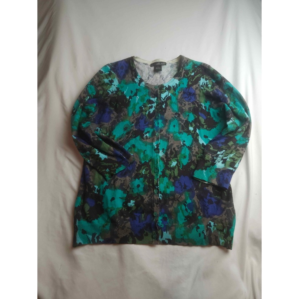 Willi Smith Floral Cardigan Sweater Teal Blue Green Abstract 3/4 Sleeve Womens L